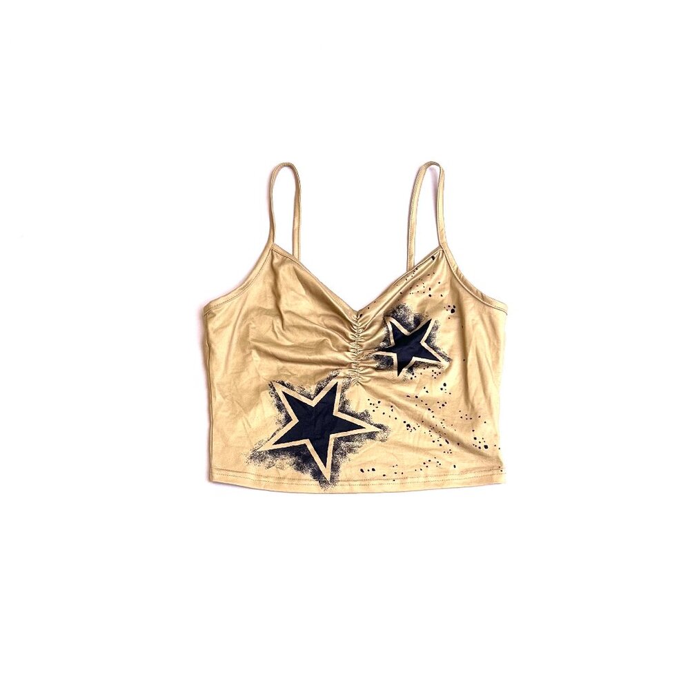 khaki colored cropped tank w/ cinched middle and star design